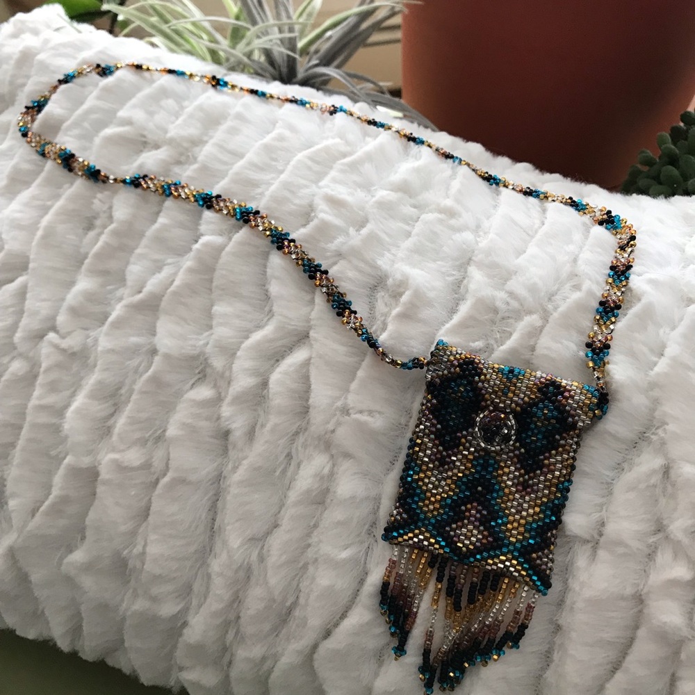 Medicine Pouch Beaded Necklace blue brown gold blk